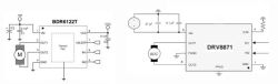 Two comparison schematics for DC motor drivers: BDR6122T and DRV8871 with pin labels and capacitors