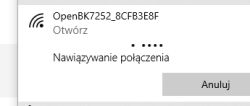 A window showing an attempt to connect to the Wi-Fi network OpenBK7252_8CFB3E8F on a Windows computer.