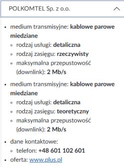 Zrzut ekranu z informacjami o ofercie internetu POLKOMTEL na łączu miedzianym 2 Mb/s