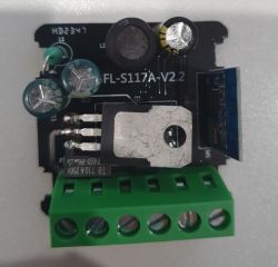 FL-S117A-V2.2 PCB with Components Image of PCB model FL-S117A-V2.2 with various electronic components, including capacitors and a green connector.