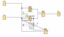 Schemat programu PLC z wejściami I1, I2 oraz blokami RS, timerem i bramką AND