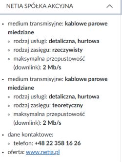 Zrzut ekranu z informacjami o łączu internetowym od Netii z prędkością 2 Mb/s