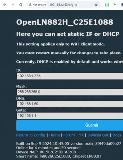 Screenshot of the configuration panel for the OpenLN882H_C25E1088 device with IP settings options.