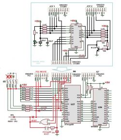 Schemat modyfikacji płyty głównej komputera przedstawiający połączenia joysticków, myszy PS2 oraz układów ATmega88 i MT8808.