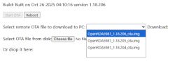 OTA update menu with OpenRDA file selection and Start OTA, Reboot buttons