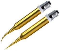 Two gold soldering tips with fine points for precise soldering.
