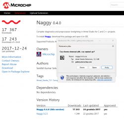 Strona pobierania rozszerzenia Naggy 0.4.0 w Microchip Gallery z komunikatem pobierania pliku.