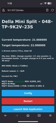 Screenshot of the Della Mini Split air conditioner control panel showing current and target temperature with configuration options.