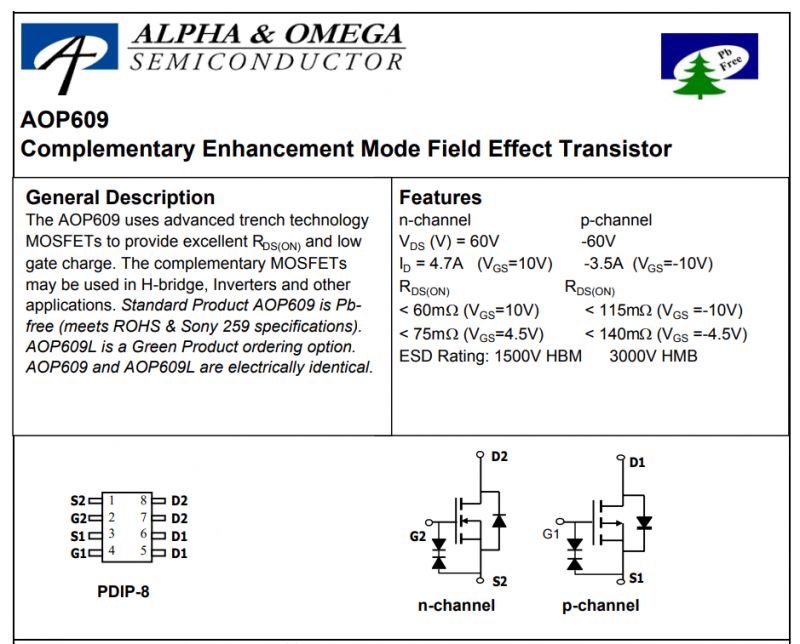 AOP609 Transistor Technical Specifications AOP609 transistor datasheet with technical specifications.