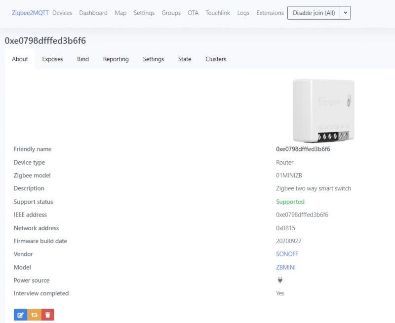 Zigbee2mqtt Interface with Sonoff ZBMini Device Screenshot of the Zigbee2mqtt interface with details about the Sonoff ZBMini device.