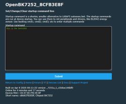Web interface screen of OpenBK7252 with a startup command field and a Submit button.