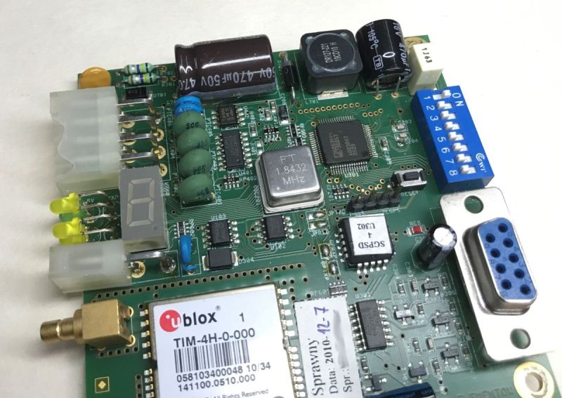 Electronic board with uBlox GPS module, 7-segment display, and RS232 port
