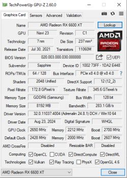 Zrzut ekranu programu GPU-Z pokazujący specyfikację karty graficznej AMD Radeon RX 6600 XT.