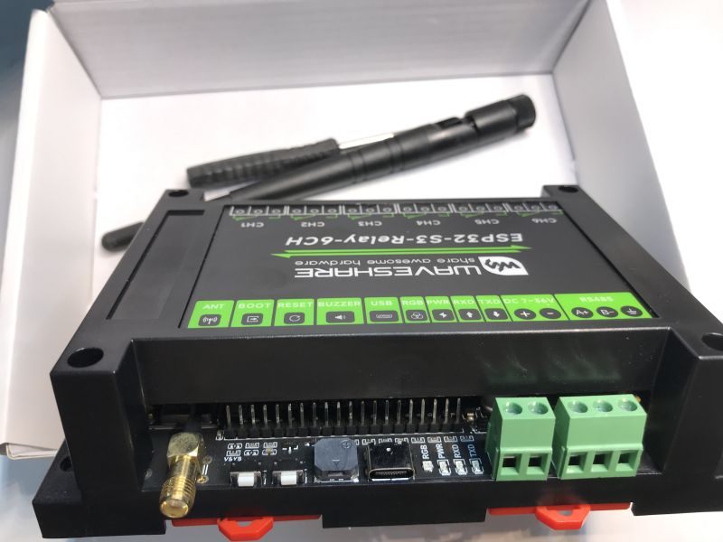 Waveshare ESP32-S3-Relay-6CH Controller in Box Waveshare ESP32-S3-Relay-6CH controller with ports and connectors in a box