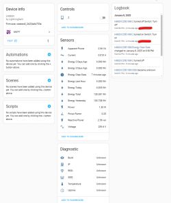 Screenshot of a device interface displaying device info, sensors, and event log.