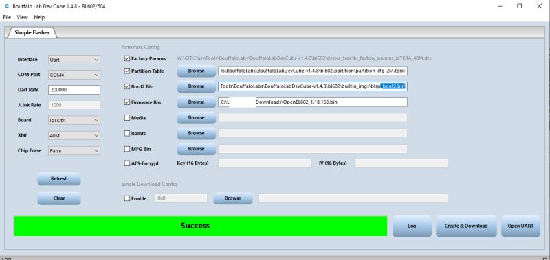 Screenshot of the Bouffalo Lab Dev Cube tool showing successful firmware flashing to a BL602 chip.