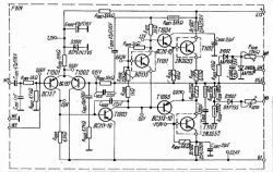Schemat elektroniczny z oznaczeniem tranzystorów, rezystorów i kondensatorów.
