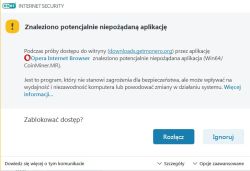 Ekran komunikatu ESET ostrzegający przed potencjalnie niepożądaną aplikacją CoinMiner.MR