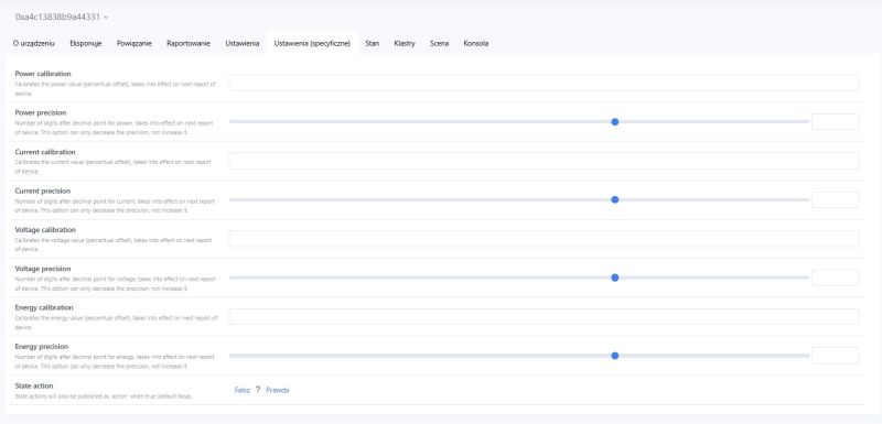 Home Assistant screenshot with sliders for power, current, voltage, and energy calibration and precision