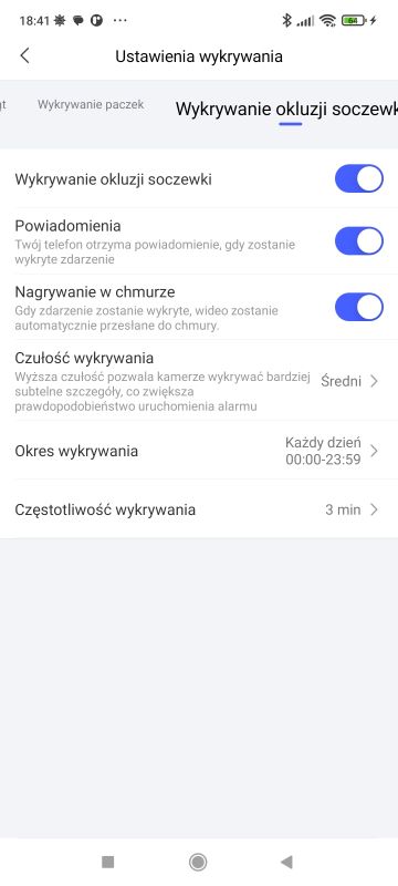 Ekran ustawień wykrywania okluzji soczewki w aplikacji monitoringu