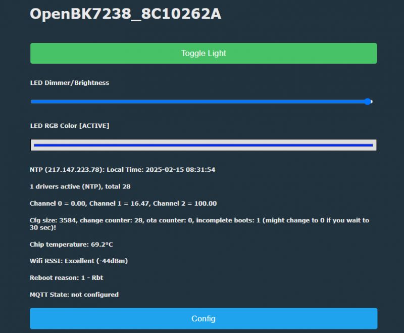 OpenBK7238 User Interface Screenshot of OpenBK7238 user interface with LED control options.