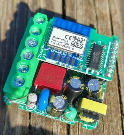 MOES 2CH WiFi controller module with visible CB2S module on PCB, showing model label, screw terminals, and electronic components.