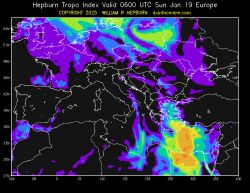 Mapa indeksu propagacji troposferycznej Hepburna nad Europą z 19 stycznia.