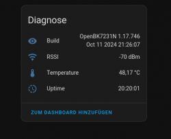 Diagnostic interface displaying software version, signal strength, temperature, and uptime.