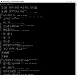 Windows cmd.exe screenshot showing COM port log for flash read, ending with a CRC mismatch error