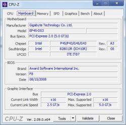Zrzut ekranu CPU‑Z (zakładka Mainboard) z danymi płyty Gigabyte EP45‑DS3 i BIOS F8