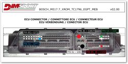 Bosch ME17.7 ECU connector with highlighted pins: power, ground, CAN H, CAN L, GPT0, GPT1.