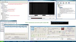 Zrzut ekranu z menedżera urządzeń oraz otwartych aplikacji na systemie Windows XP 64-bit w maszynie wirtualnej z przekazaną kartą AMD Radeon HD 6450.
