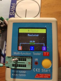 T7 tester displaying a resistor value of 10.3 ohms