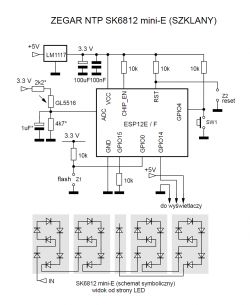NTP Clock Schematic SK6812 mini-E Electrical schematic of an NTP clock with SK6812 mini-E and ESP8266 module.