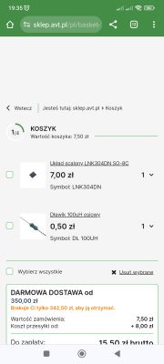 Zrzut ekranu koszyka zakupowego na stronie sklepu AVT.