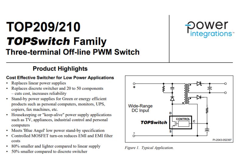 Fragment dokumentacji TOP209/210 z układem TOPSwitch i przykładowym schematem