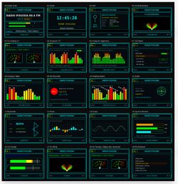 Screenshot grid of 20 radio player UI panels with visualizers, clock, info pages, and menus.