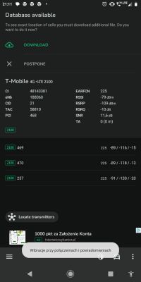 Zrzut ekranu aplikacji NetMonster pokazujący szczegółowe parametry sygnału LTE 2100 MHz T-Mobile, w tym wartości RSRP, RSRQ, oraz SNR.