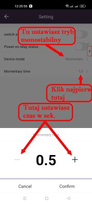 Zrzut ekranu ustawień aplikacji z wyjaśnieniami dotyczącymi trybu monostabilnego.