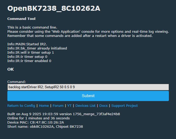 IR2 driver control interface on OpenBK7238 OpenBK7238 web interface with IR2 driver running and configuration command entered