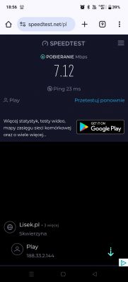 Zrzut ekranu z aplikacji Speedtest pokazujący prędkość pobierania 7,12 Mbps i ping 23 ms.