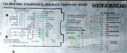 Verdrahtungsdiagramm des GEZEMATIC TSA 350N Controllers Anschlussplan für den GEZEMATIC TSA 350N Schiebetür-Controller mit Beschriftungen.