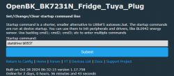 Screenshot of the settings interface for the OpenBK_BK7231N_Fridge_Tuya_Plug device, where a startup command can be entered.