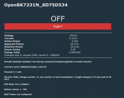 Status screen of OpenBK7231N device displaying voltage, current, and power data.