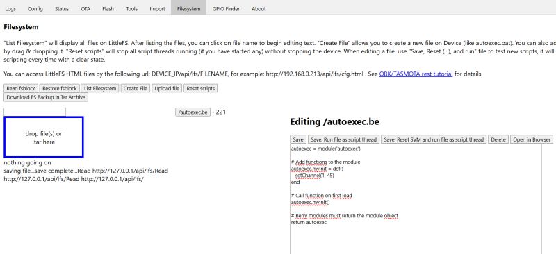 OBK File Management Interface and Script Editor File management interface with open script editor in OBK