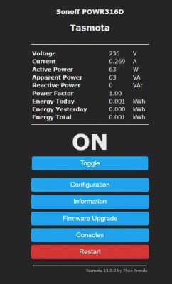 User interface of Sonoff POWR316D with Tasmota firmware showing energy consumption data.