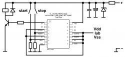 Schemat układu elektronicznego z oznaczeniami dla pinów i komponentów.