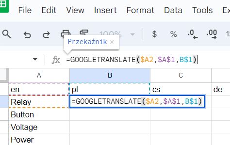 Screenshot of Google Sheets showing the use of the GOOGLETRANSLATE function to translate the word Relay from English to Polish.