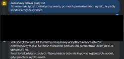 Zrzut ekranu z rozmowy na Facebooku dotyczącej problemów z kondensatorami w zasilaczu.