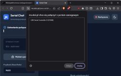Browser window with “Serial Chat” app and a dialog to select a USB‑Serial port (COM4)